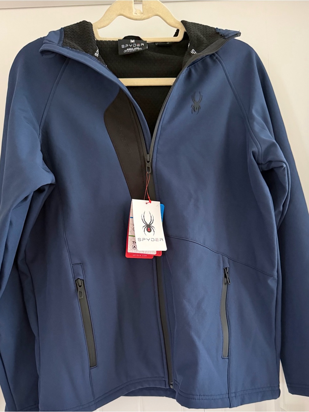 Spyder Full Zip Hooded Soft Shell Jacket Boys Size XL 18/20 Navy Blue Black NEW